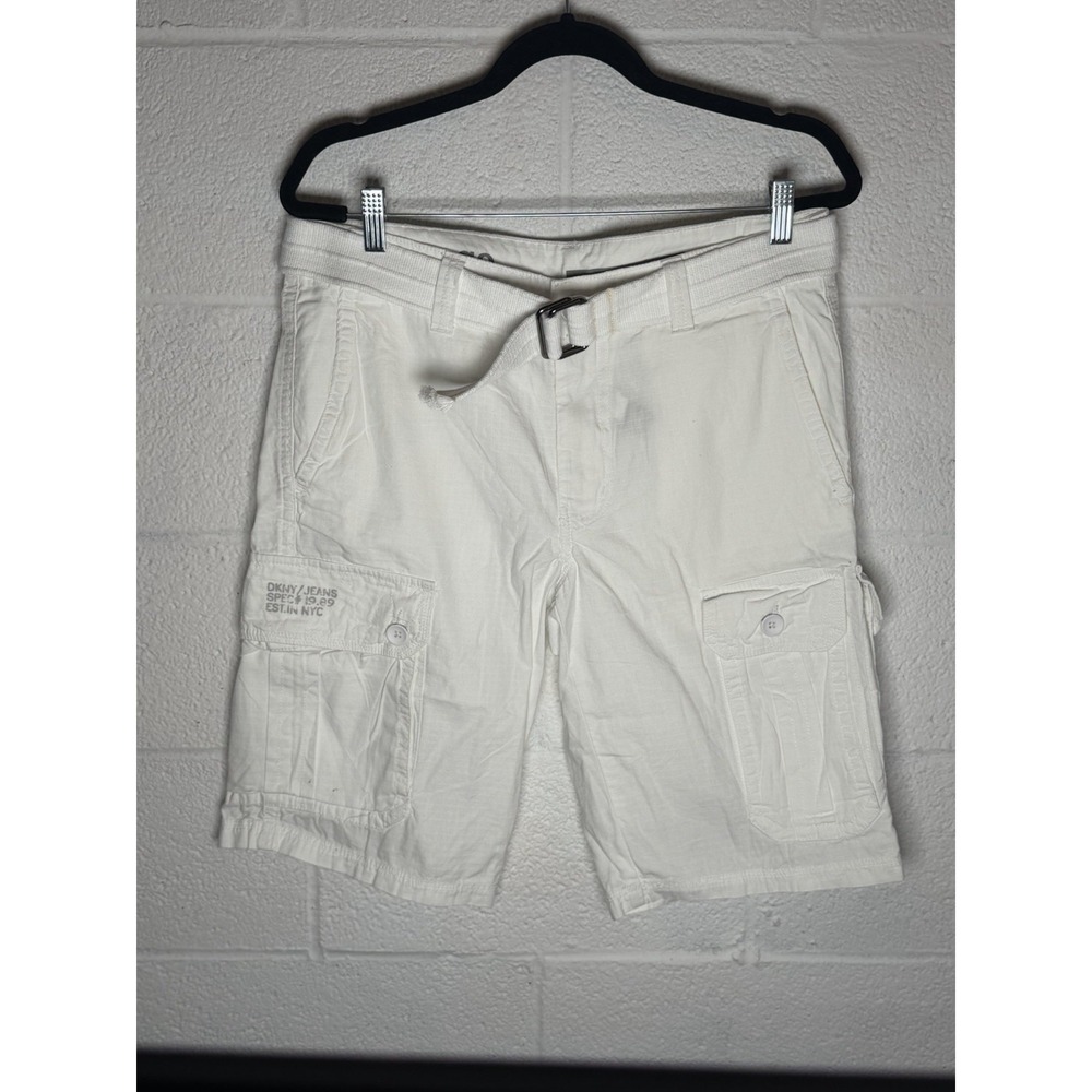 DKNY Jeans Men's White Cargo Shorts Size 32 100% Cotton Belted Utility Y2K
